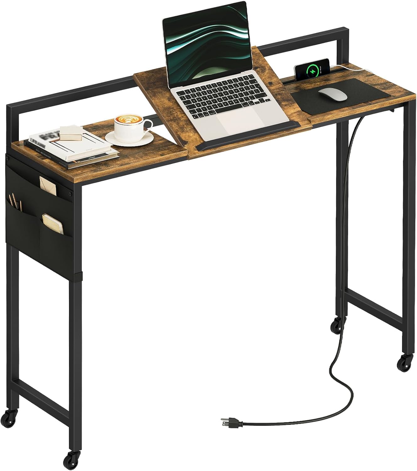 Overbed Table with Wheels, Recliner Table with Charging Station, Over The Bed Table with Adjustable Stand and Storage, Laptop Desk for Home, Dormitory, Sofa, Rustic Brown and Black SF03UBR