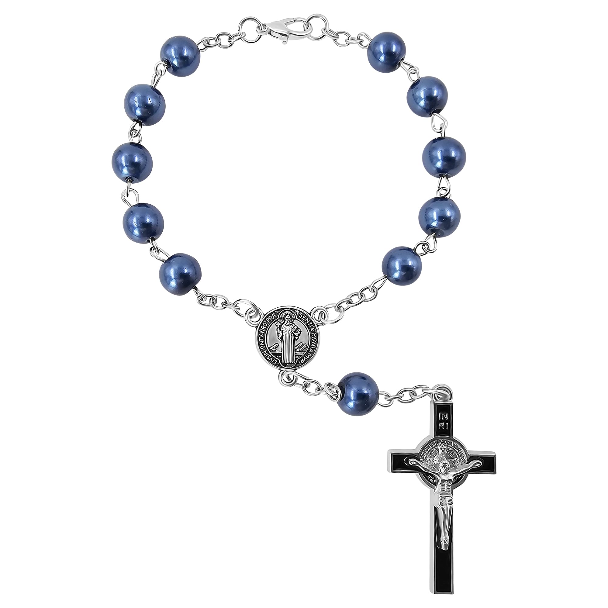 TALISMAN4U Sacred Saint Benedict Medal One Decade Catholic Rosary for Car Rearview Mirror Glass Pearl Beads Auto Rosaries Bracelet for Women Men St