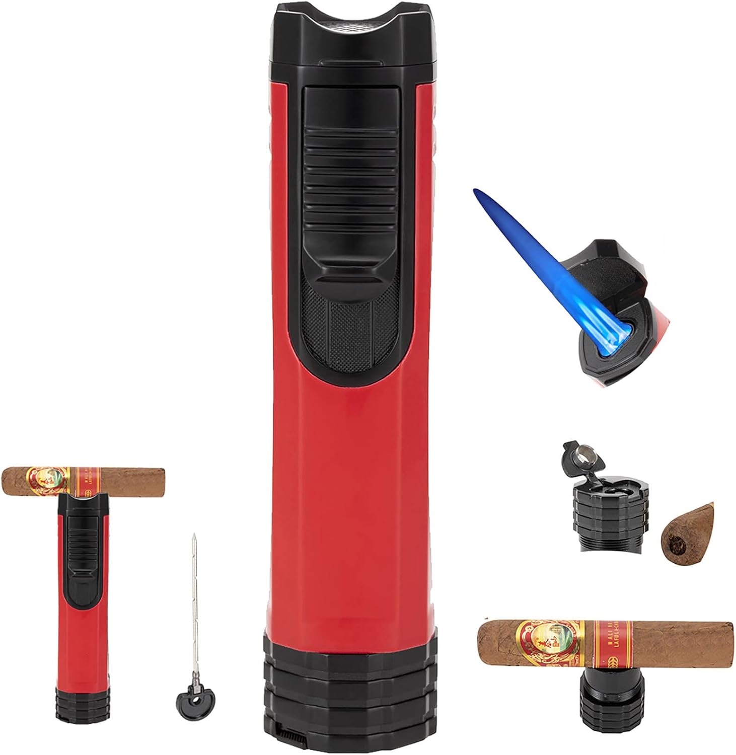 Windproof Cigar Lighter with Puncher Holder Needle Metal Portable 3 Jet Flame Multifunction Refillable Smoking Accessories