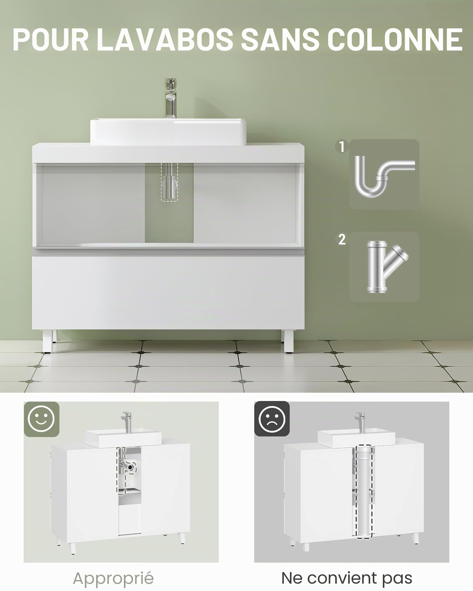 Hzuaneri Meuble sous Lavabo, Rangement Salle de Bain, 30x80x64cm, Blanc