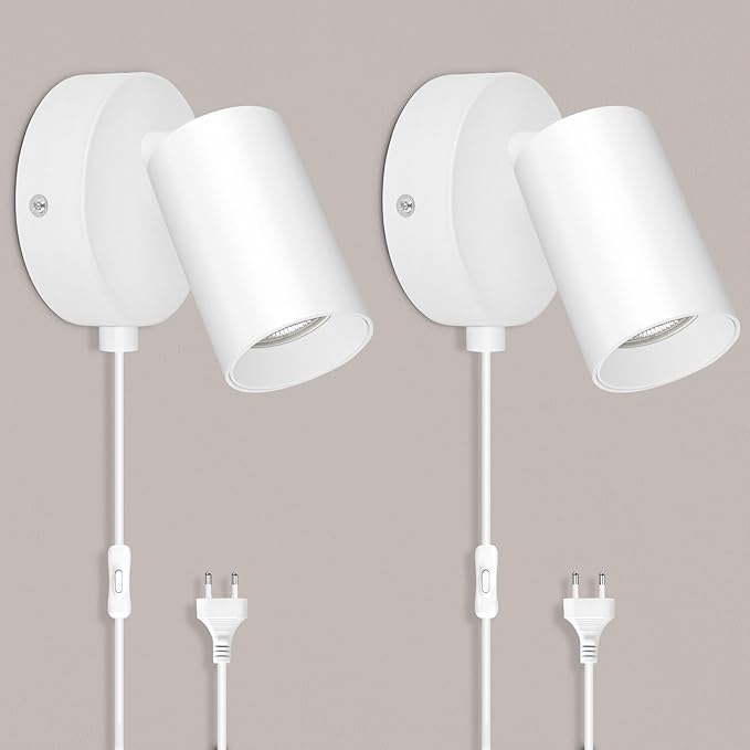 TaFiCo 2 stuks wandlamp met stekker en kabel wit GU10 - wandlamp met schakelaar en stekker draaibaar 350 ° modern voor slaapkamer woonkamer gang - zonder lamp