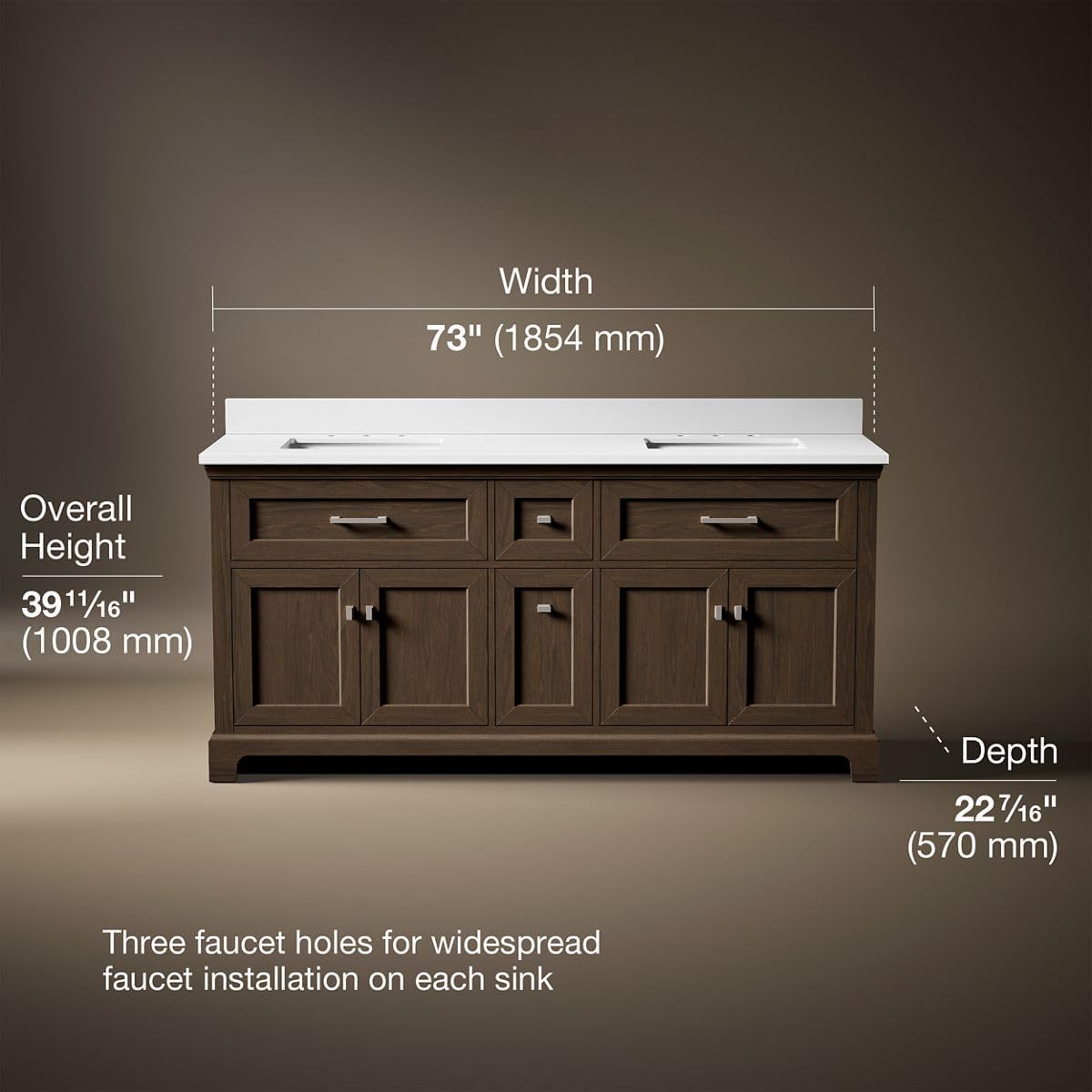 Kohler 29264-BD1-DAK Charlemont 72 in. Bathroom Vanity Cabinet with Sinks and Quartz top, Draper Oak