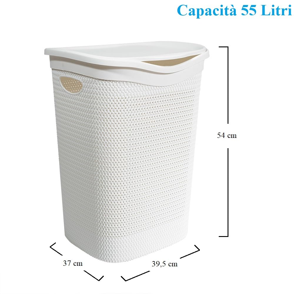 Virsus Cesto Portabiancheria in Plastica Effetto Rattan, 39,5x37x54 cm, cesta rettangolare con coperchio, struttura Intrecciata per biancheria sporca in bagno, lavanderia, Hotel -4037F-1,8 (Bianco)