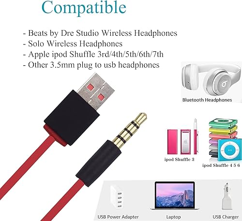 Miniatura 2 de Cable de sincronización de datos de carga USB de 0.138 in de repuesto para auriculares Beats Studio, iPod Shuffle 34567 generación, reproductor de