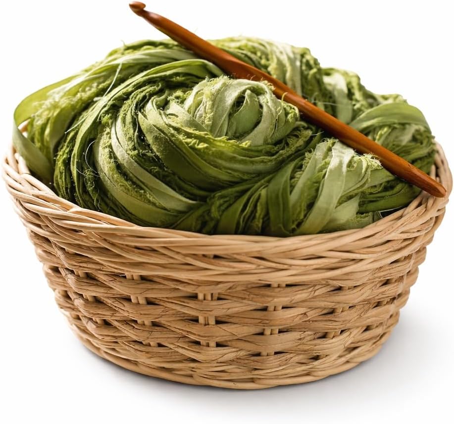 KnitSilk Brand - Super Bulky Recycled Sari Silk Ribbon Yarn in Olive Ombre | 50 GMS - 30 Yards | Duppioni Silk Ribbon (Pack of 1)