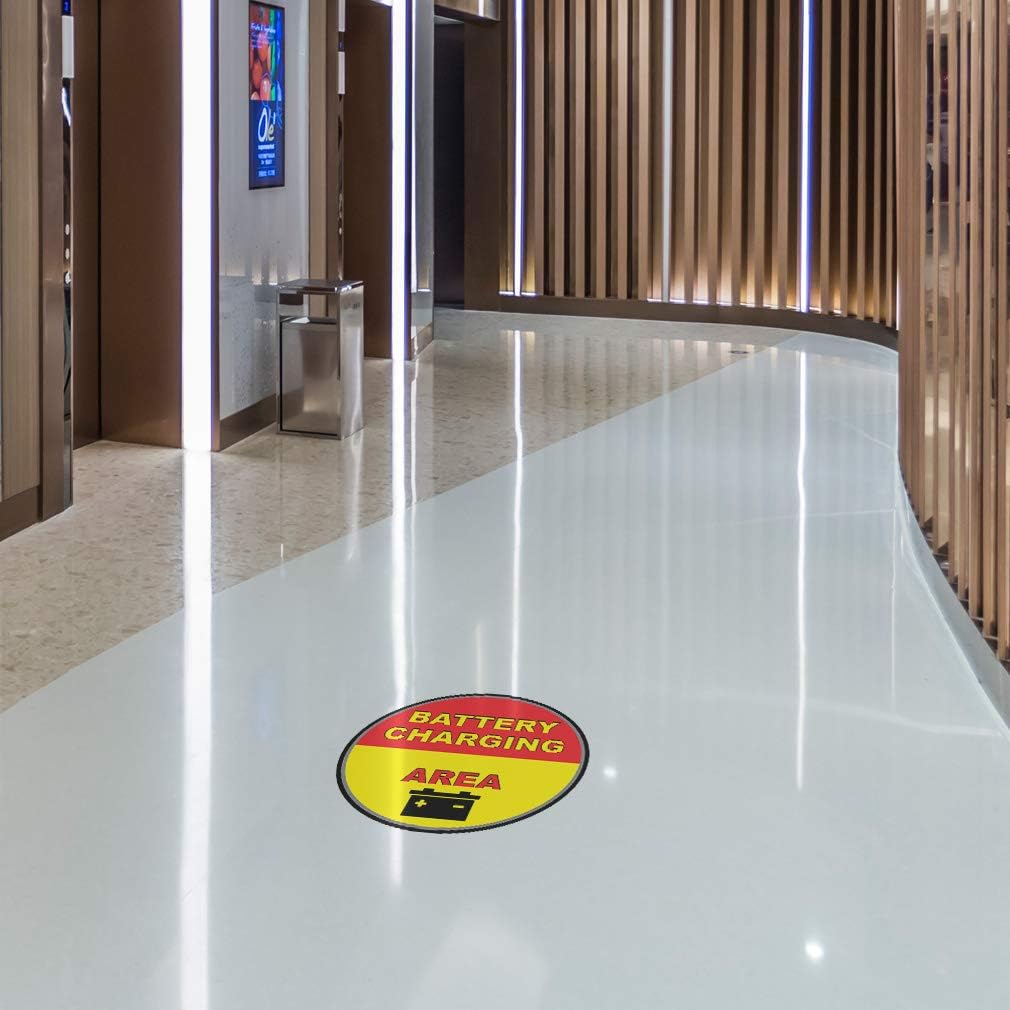 Battery Charging Area Signs Floor Decals Yellow Red Anti-Slip Round Shape Lifestyle Industrial Forklifts Stickers 17Inches Longer Side