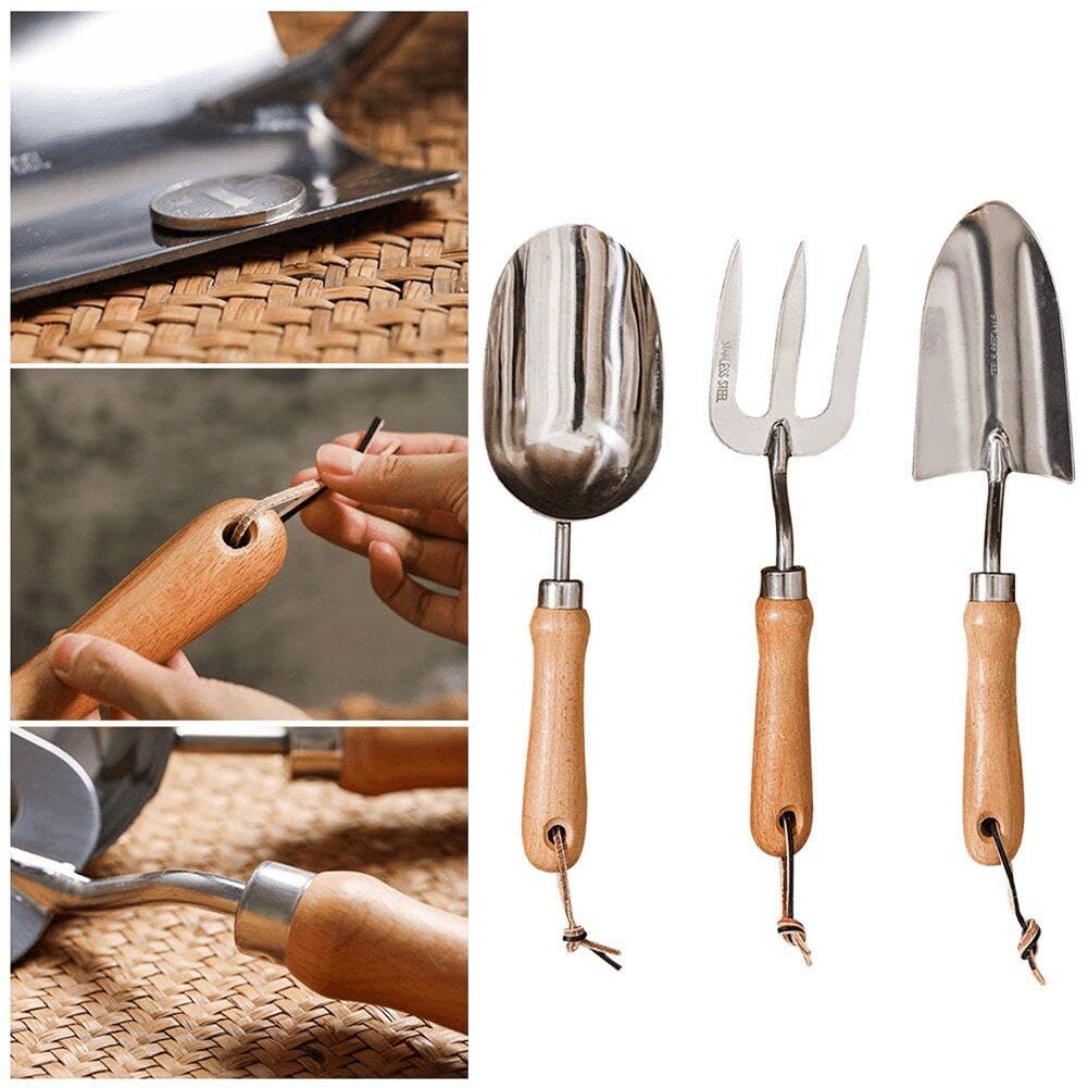 Hrippy 3 Pezzi Kit di Attrezzi Giardinaggio, Utensili Bonsai Rastrellati Giardino Impostare Manico in Legno per Fiori in
