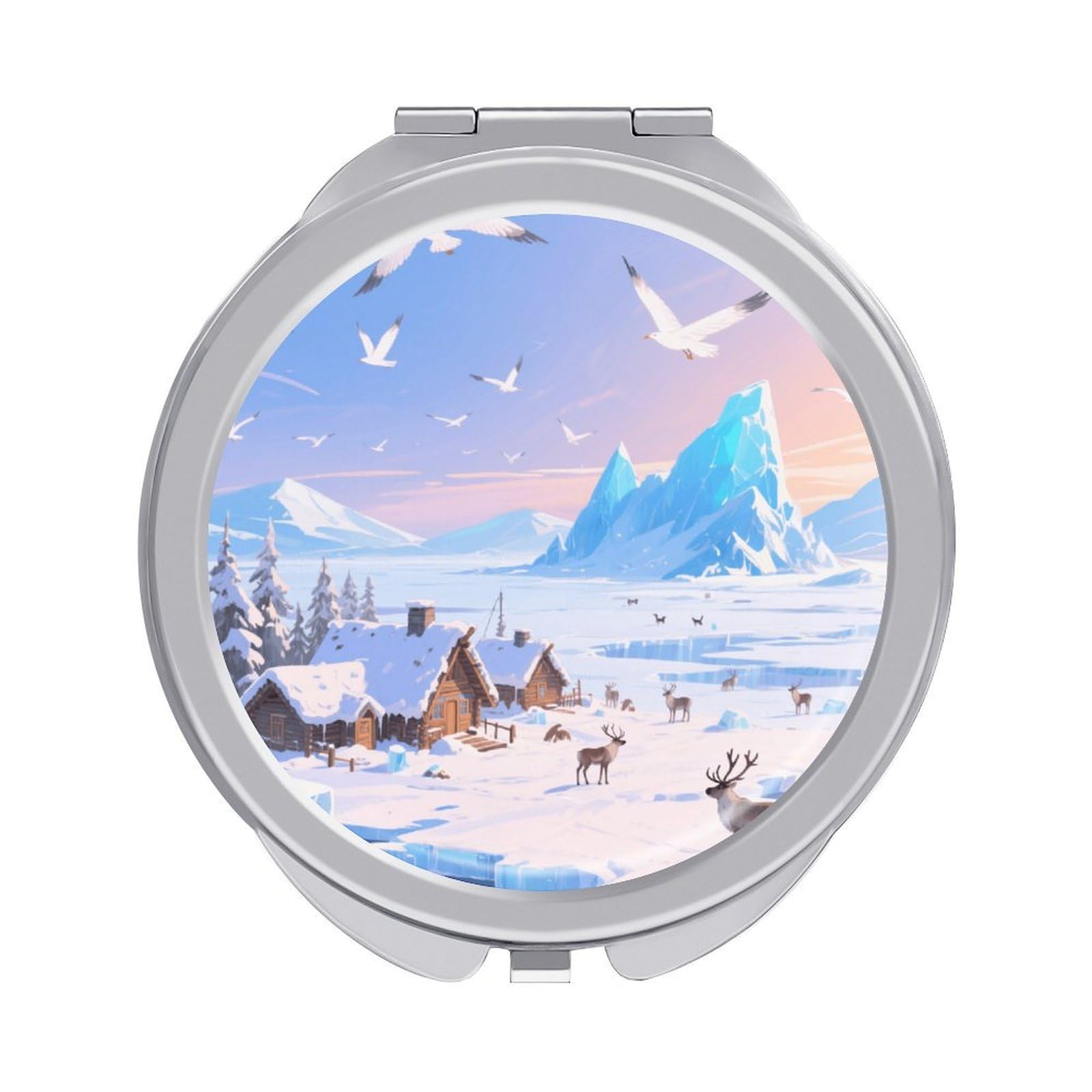 Fekiloot Style Ice Field Villages Travel Makeup Mirror Handheld Compact Mirror Portable Pocket Mirror Double-Sided 1X/2X Magnifying For Handbag And Purses
