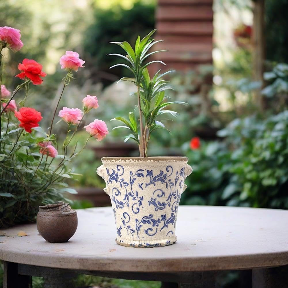 Vintage Planter Flower Pot Rustic Container with Handle Ceramic Ice Crack Plant Pot with Drainge Hole Decorative Planter for Indoor and Outdoor Tuscan Decor Vase Gardening Gift (Blue)