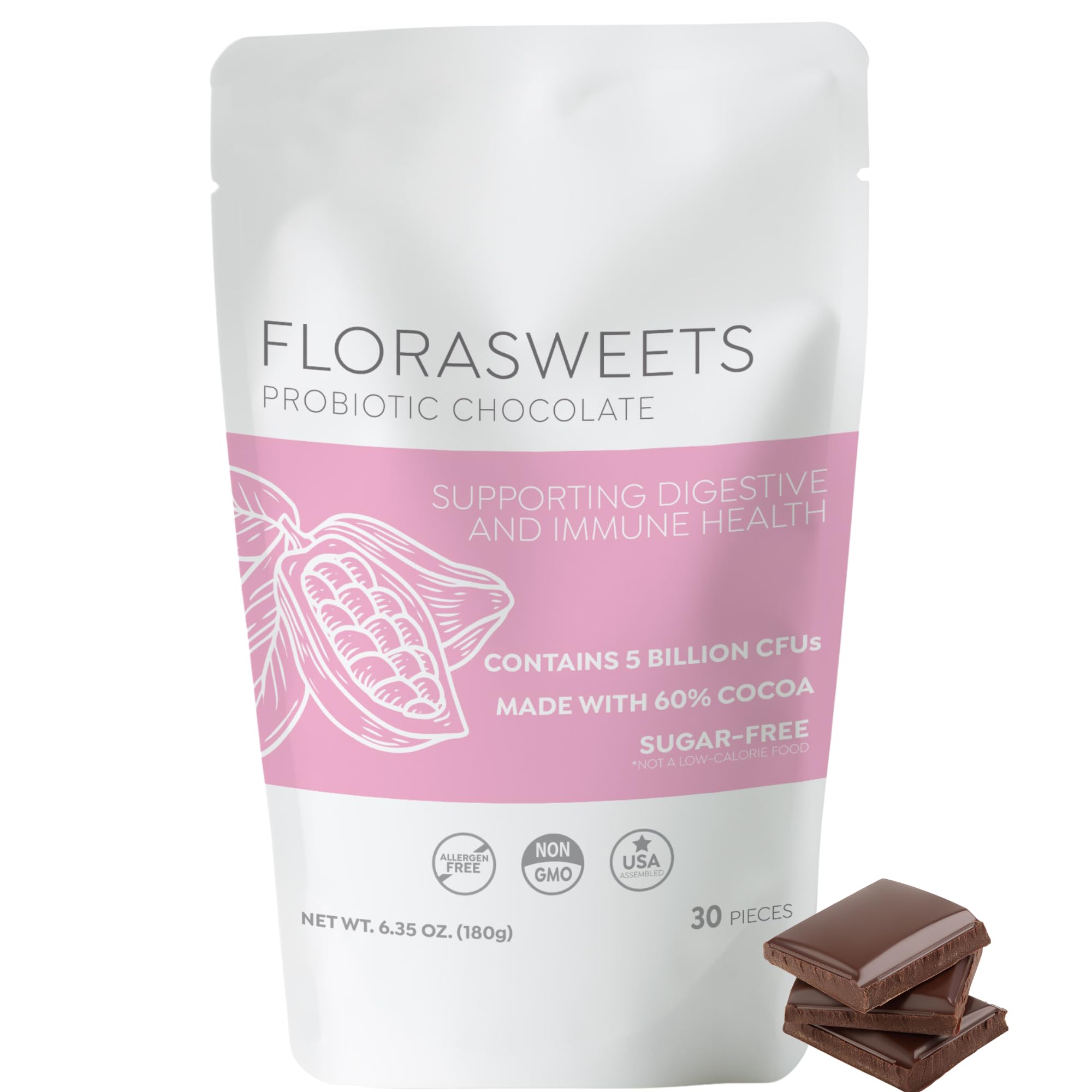 Florasweets Probiotic Chocolates | Gut Health | Chocolate for Weight Management | Metabolism Support | Sugar-Free Chocolate 1-Pack (30 Squares)