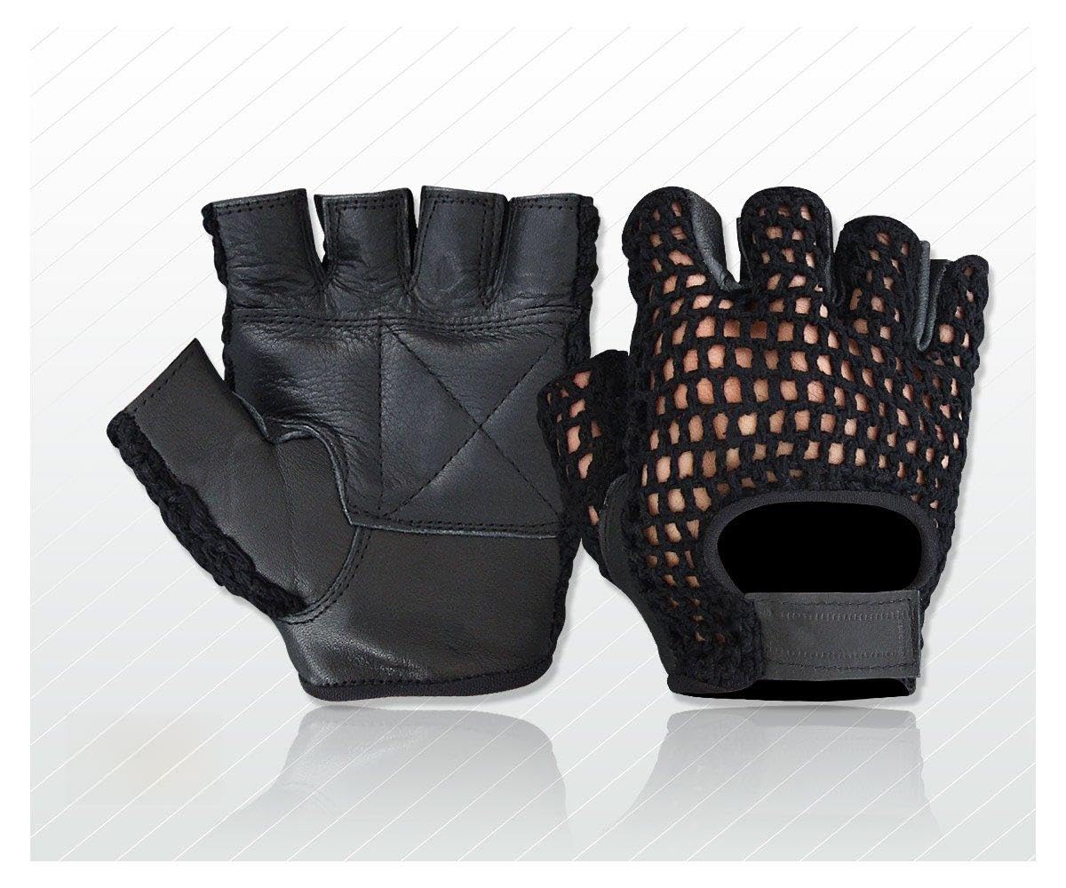 Kango Fitness Fingerless Mesh Leather Cycle Biker Gym Gloves Cycling Body building Weight lifting Black (Small)