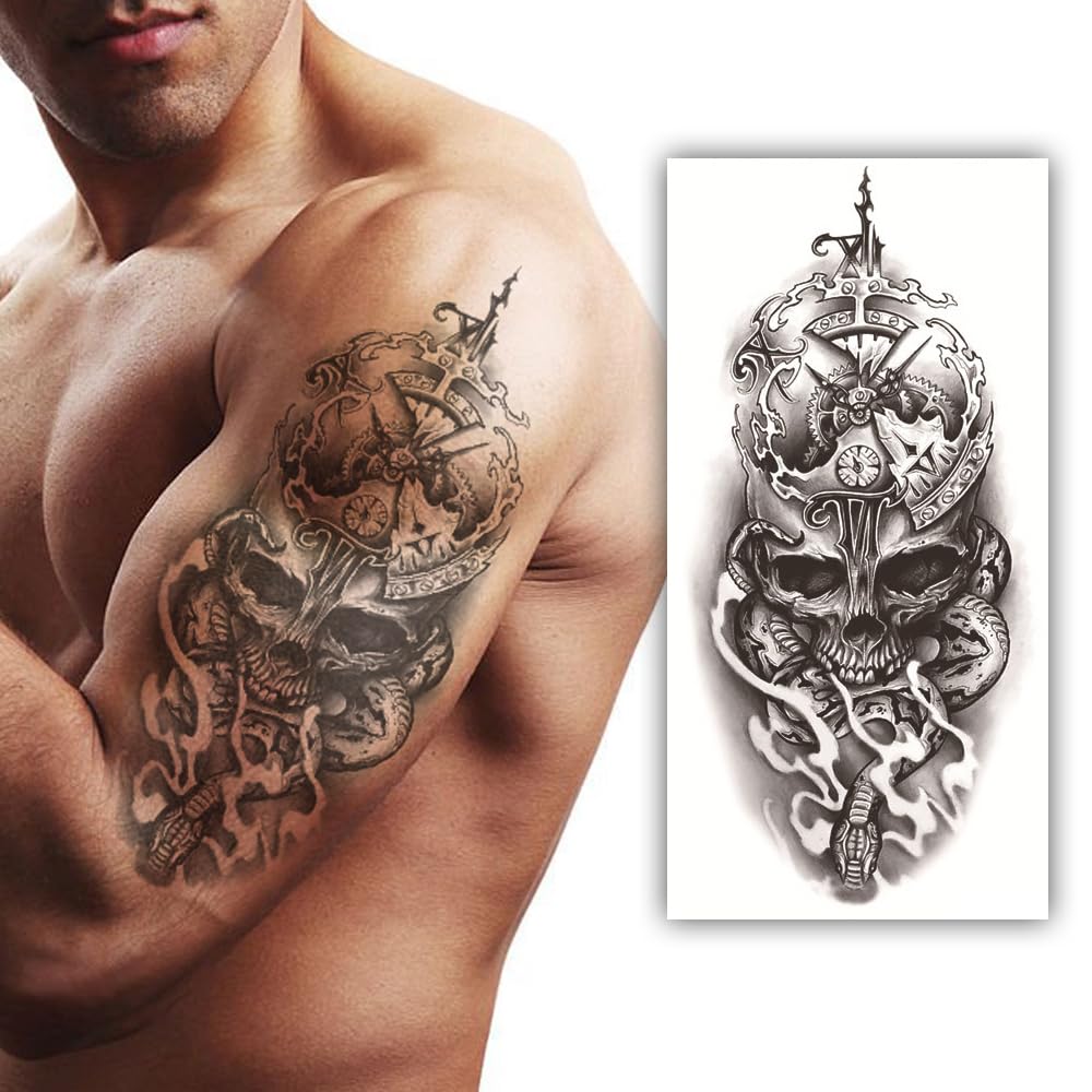 S.A.V.I Waterproof Temporary Tattoo: Skull, Antique Clock & Snake - 21x10cm for Men & Women-image-34