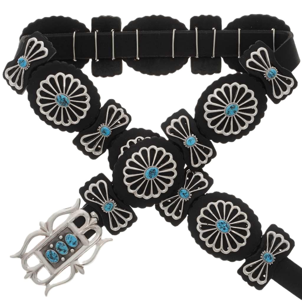 Navajo Sleeping Beauty Turquoise Silver Concho Belt Sterling on Genuine Leather 0134