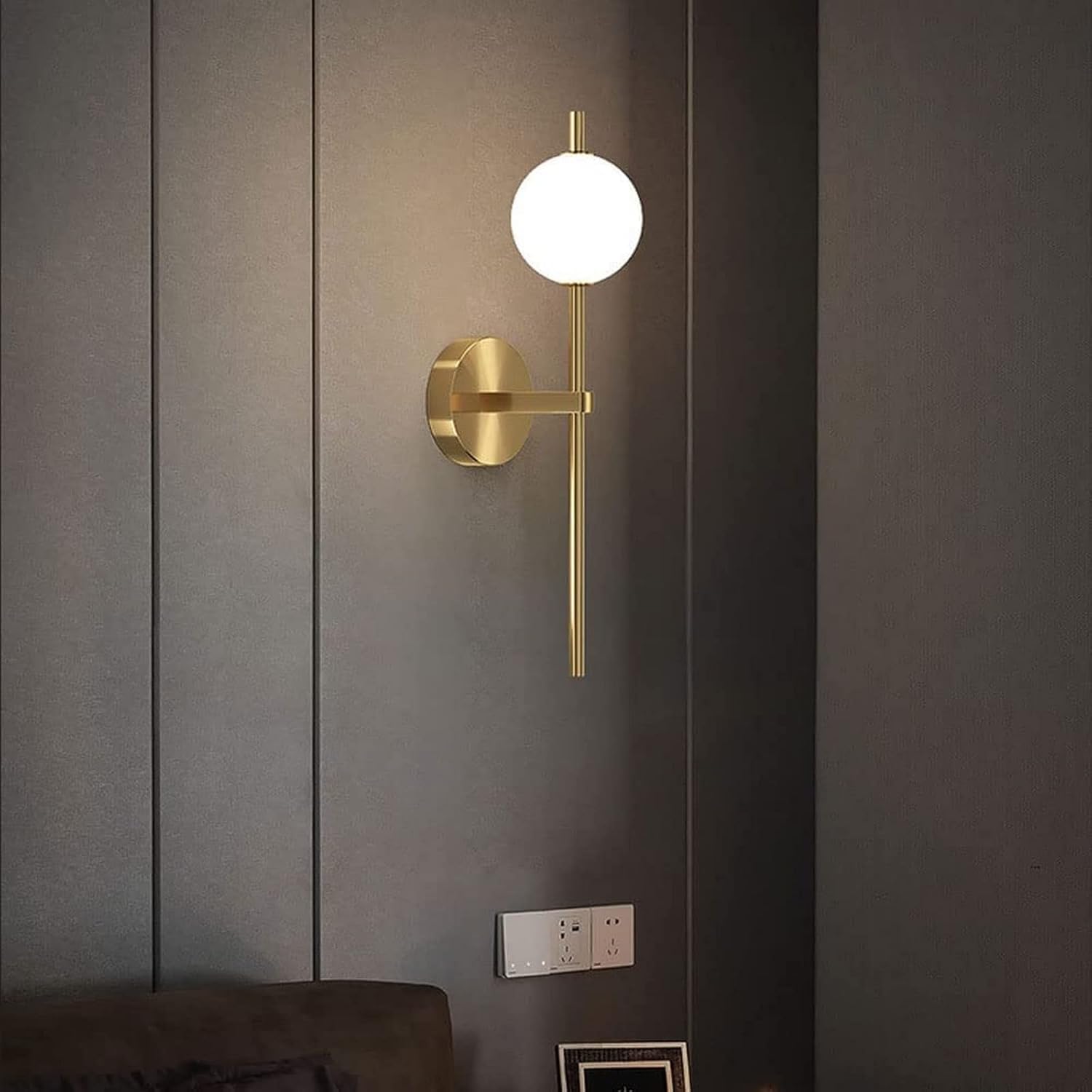 OLSKFUH Modern Wall Light Globe Wall Mounted Sconce, 3 Color Mode Wall Lighting Fixture Long Arm Gold Metal Wall Lamp, Bedroom Bedside Living Room Hallway,Chandelier Lamp,