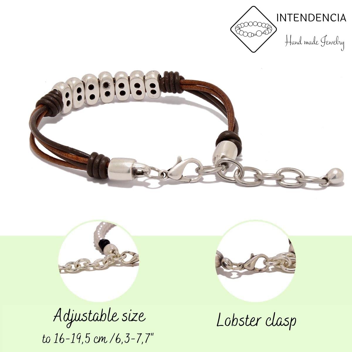 Hecho a mano, con cuentas de zamak para mujer - Pulsera de cuero para mujer hecha por Intendenciajewels - Pulsera con cuero y zamak - Pulsera ajustable de 16-19,5 cm.