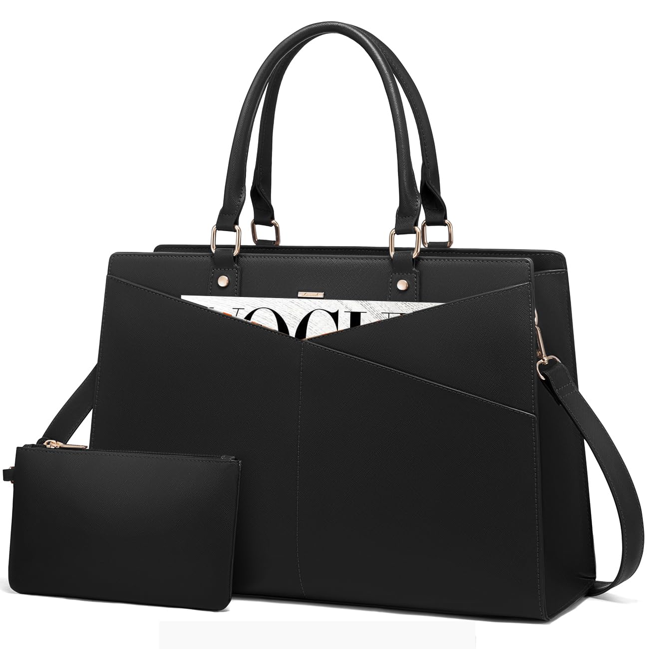 LOVEVOOK Laptop Tote Bag for Women, Leather Business Office Work Bag Computer Briefcase with Small Clutch fit for 15.6 Inch Laptop Black