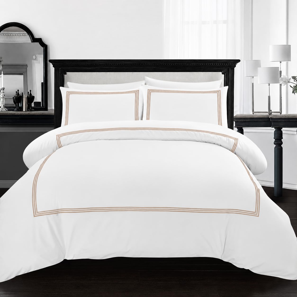 AR Ware Super King Duvet Cover Set - Soft Bratta Stitch Embroidered Microfiber Duvet Sets with 2 Pillowcases - Non Iron Bedding Hotel Quality Quilt Cover (White/Beige)