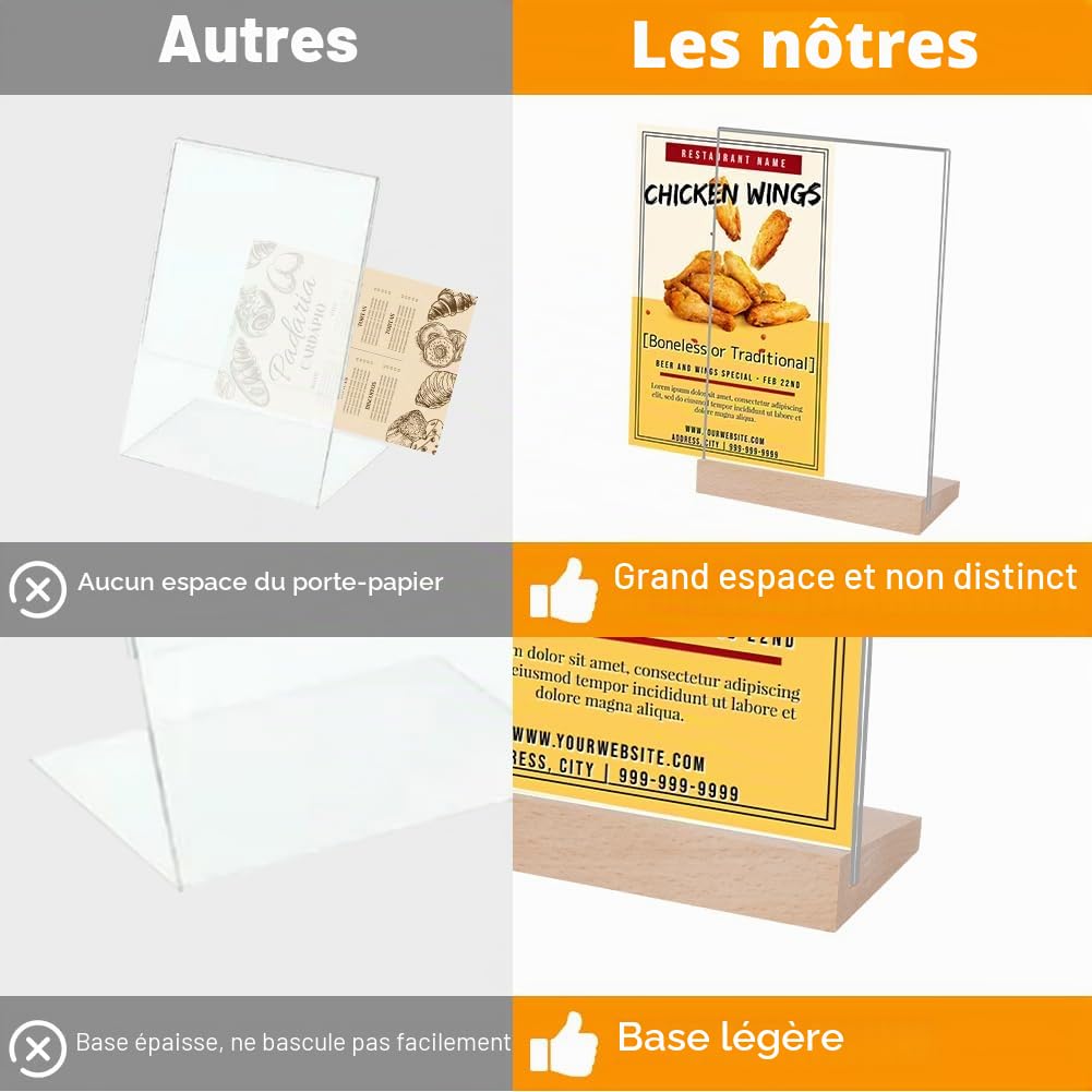 Lot de 3 Présentoirs de Table, Porte-Affiches en Acrylique A5 Support pour Menu,Porte Menu avec Base en Bois, Acrylique Transparent Plexi A5 pour Restaurant Hôtel école Bureau Conférence-L