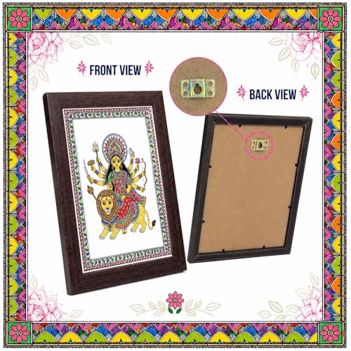 Image of PAPER PAJAMA Goddess Durga Vastu Wall Art for Living Room | Madhubani Maa Durga Painting with Lion | Traditional Mithila Religious Framed Decor for Home Temple & Office (10x13 Inches)