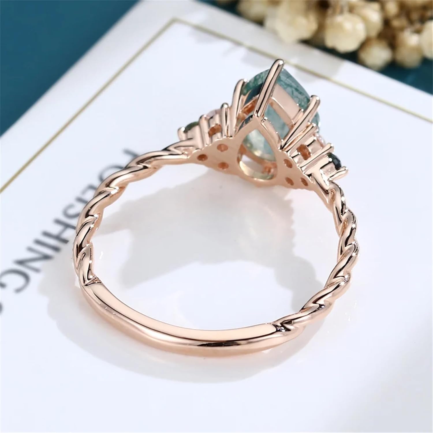Moss Agate Ring 925 Sterling Silver/10K/14K/18K Gold Pear Cut Moss Agate Engagement Rings for Women With Moissanite and Alexandrite Wedding Ring Set Free Engraving