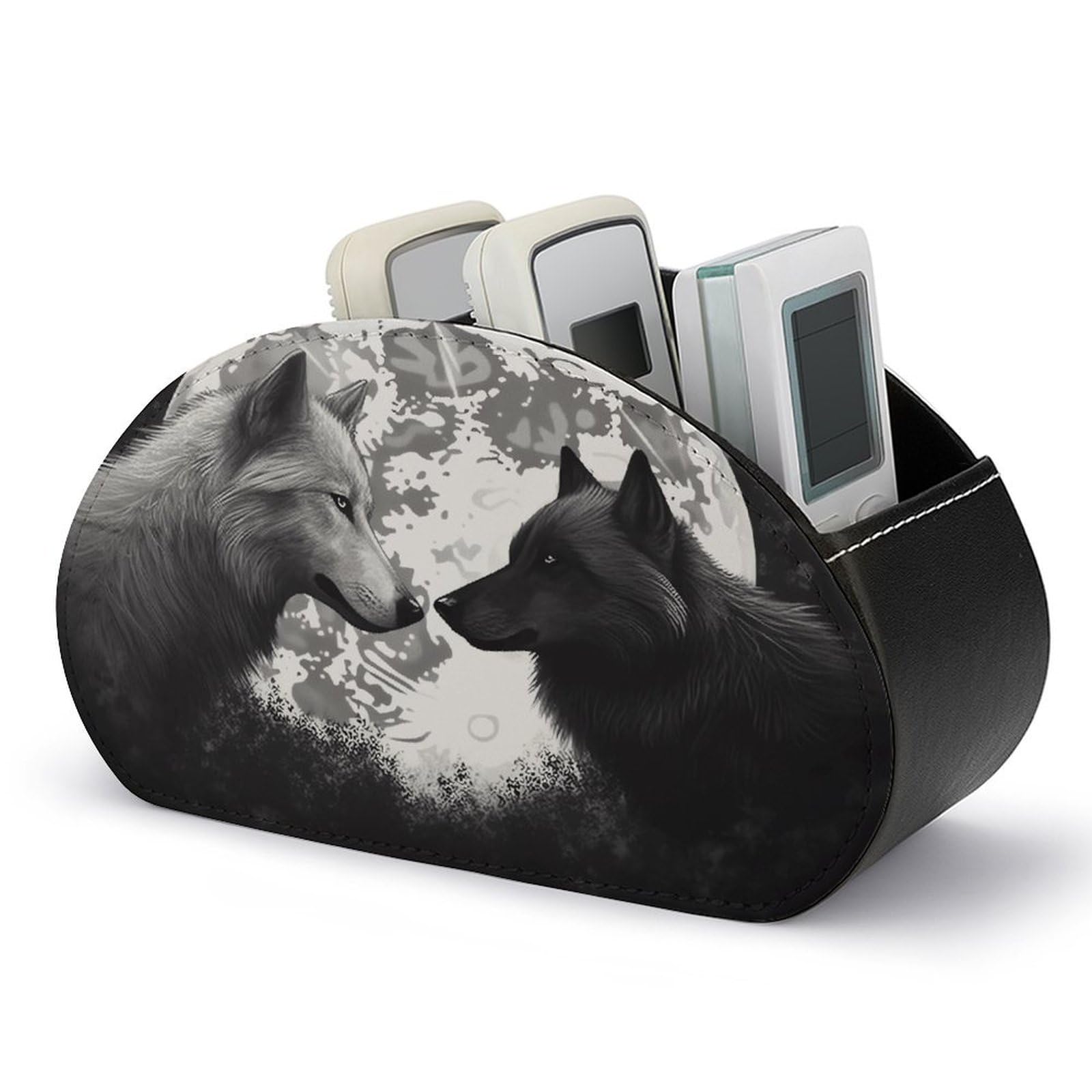 Wolves Love Under The Moon Wild Animal Remote Control Holders PU Leather Remote Caddy Desktop Organizer with 5 Compartments TV Remote Holder Box Tray for Bedside Table Office Desk Accessories&Gift
