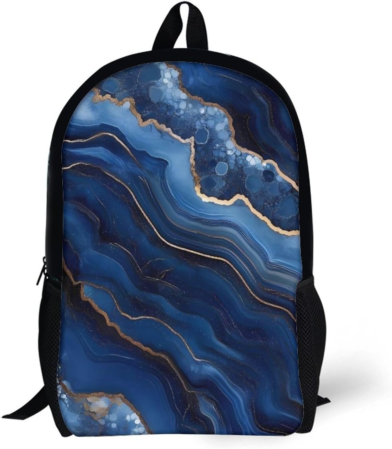 Gold Dark Blue Agate Print Travel Backpack 17 Inch Casual Daypack Shoulder Bag with Adjustable Shoulder Straps