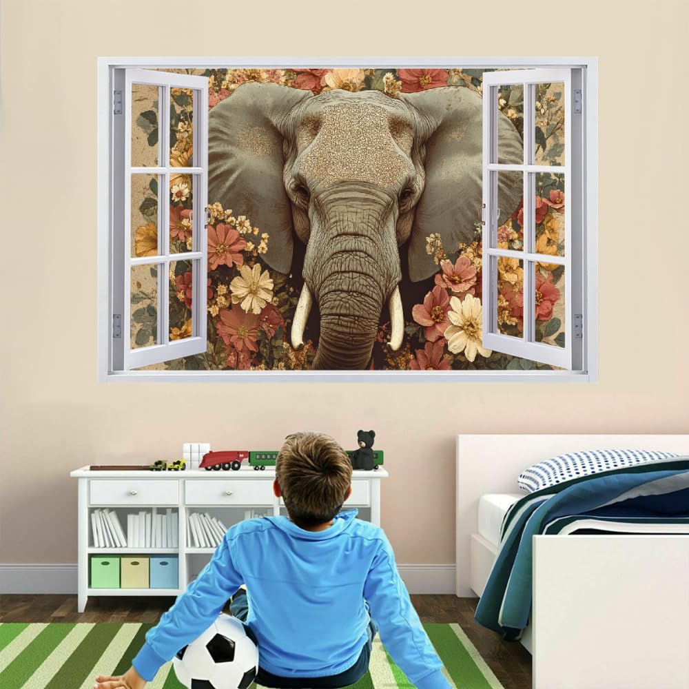 Stickers Muraux 3D Smashed Murales Fleur D'Éléphant Autocollants De Sol En Vinyle Imperméables Amovibles Art Animaux Rétro Pour Chambre Salon Bureau Pépinière Décoration Murale 112x75cm