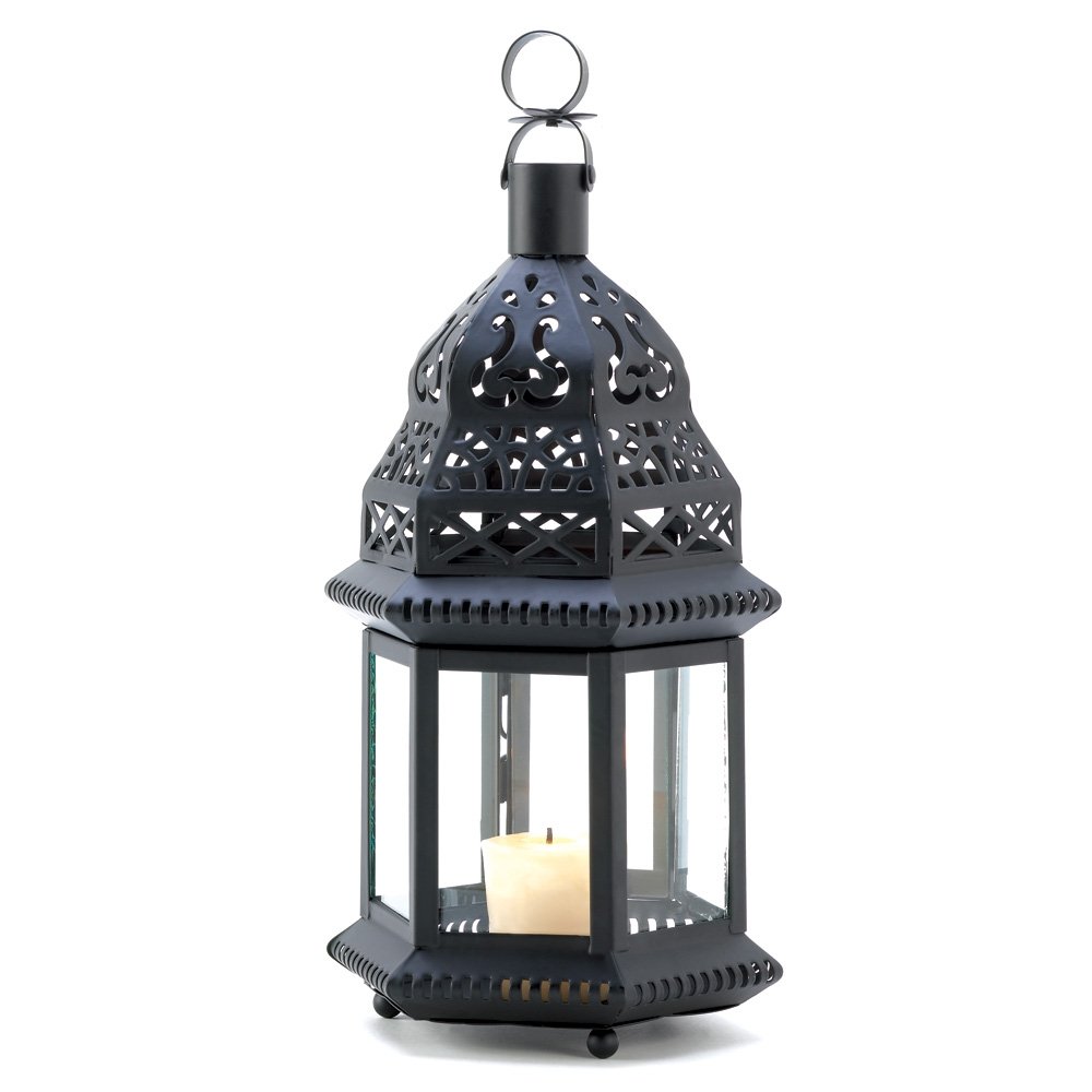 Zingz & Thingz Moroccan Style Candle Lantern Holder, Decorative Light Home Decor, Indoor & Outdoor, 12.5" Tall, Black with Glear Glass