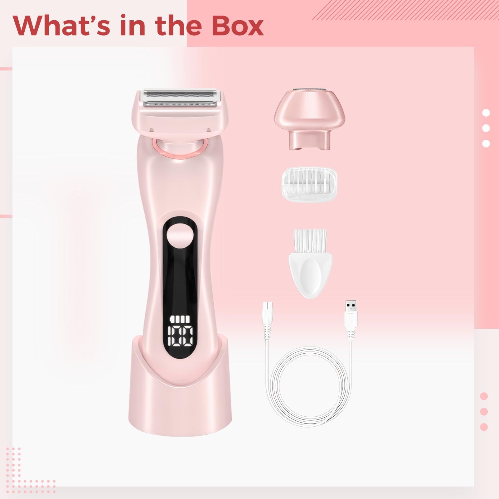 Rasoio elettrico 2 in 1 da donna, per la rimozione dei capelli, rosa, display a LED, impermeabile, ricaricabile tramite USB, include più accessori