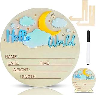Baby Announcement Sign,Personalized Wooden 5.9inch Hello World Newborn Sign,Birth Name Announcement Sign,3D Pattern,Boys And Girls Gift,Hospital Nursery For Baby (Moon Style B blue)