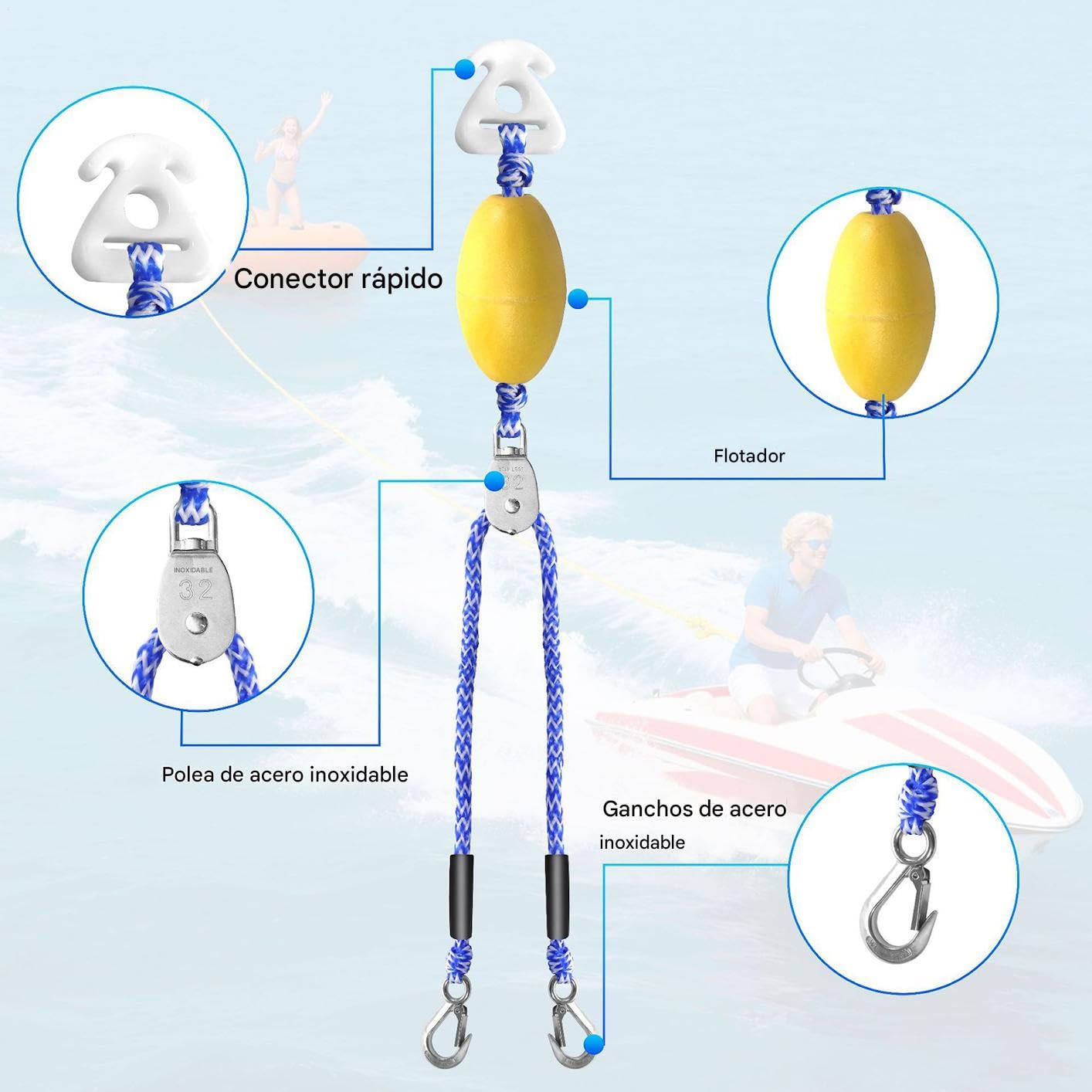 Cuerda De Remolque para Barco Y Tubing 4,88 m Gancho Bola Flotante