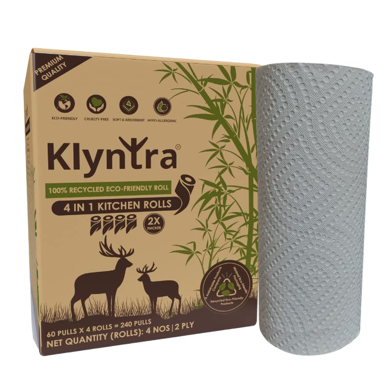 Klyntra 2ply, 2x Thicker Kitchen Tissue Roll - Pack of 4 Rolls, 60 Pulls/roll - Recycled Eco-Friendly Kitchen Paper Towel