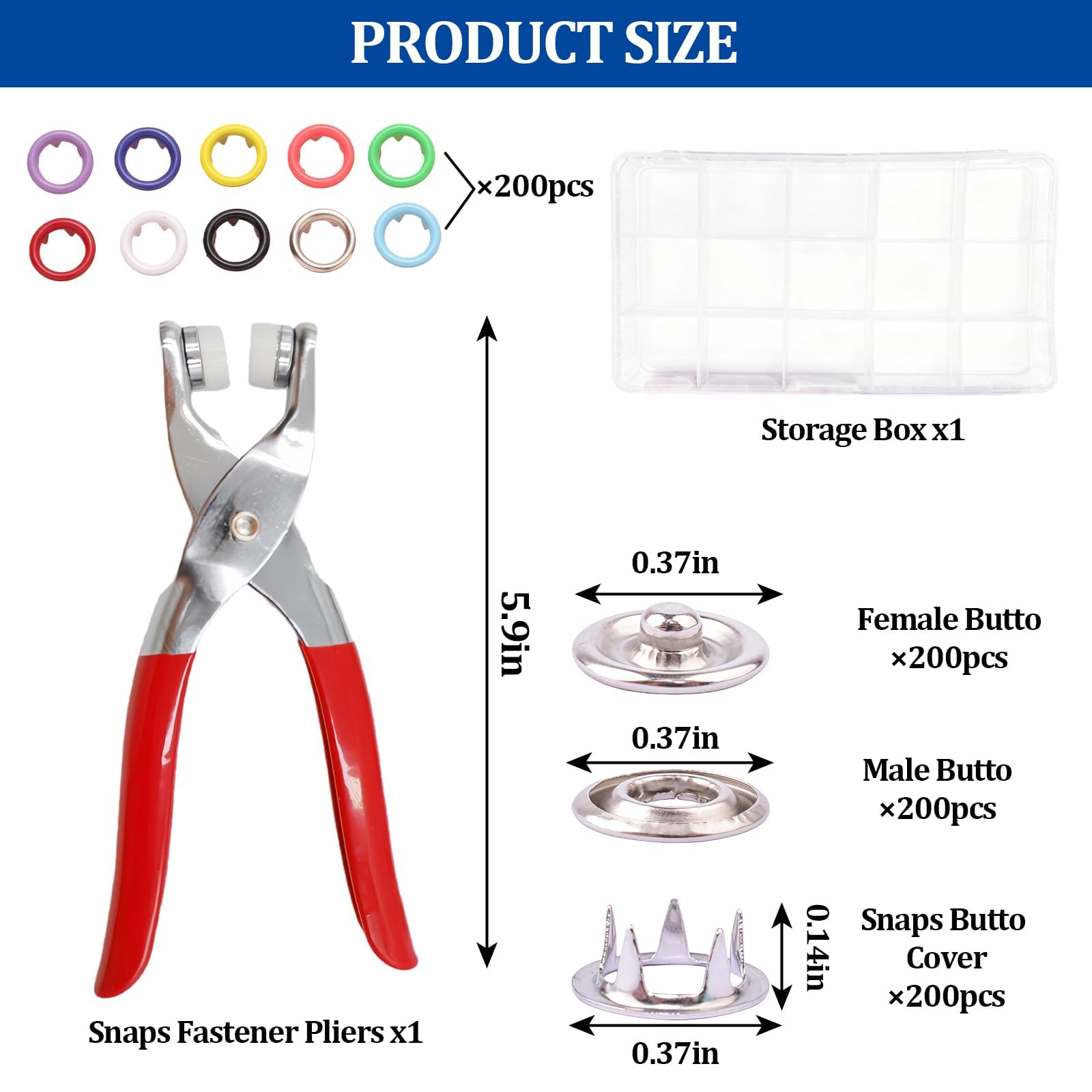 Kit de 200 botones a presión con 10 colores, botones de metal con alicates de metal y piezas de cierre, kit de herramientas de prensa multicolor perfecto para ropa y manualidades (9,5 mm)