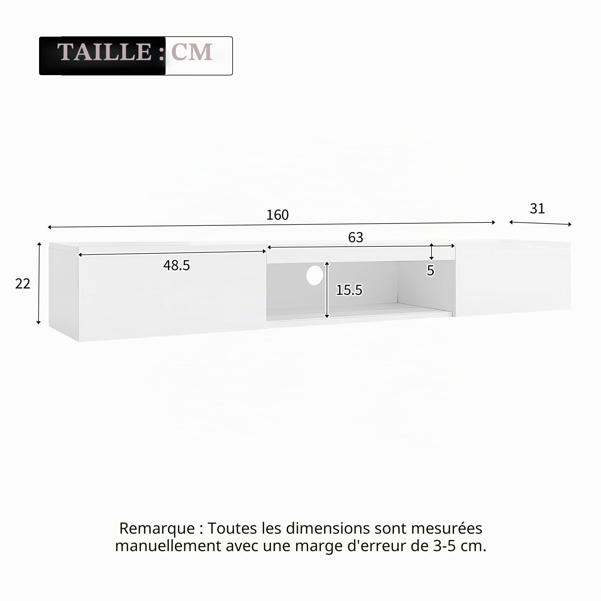 Merax Meuble TV avec éclairage LED, blanc brillant, largeur 160 cm, 2 portes battantes, compartiment ouvert, moderne pour salon, chambre à coucher