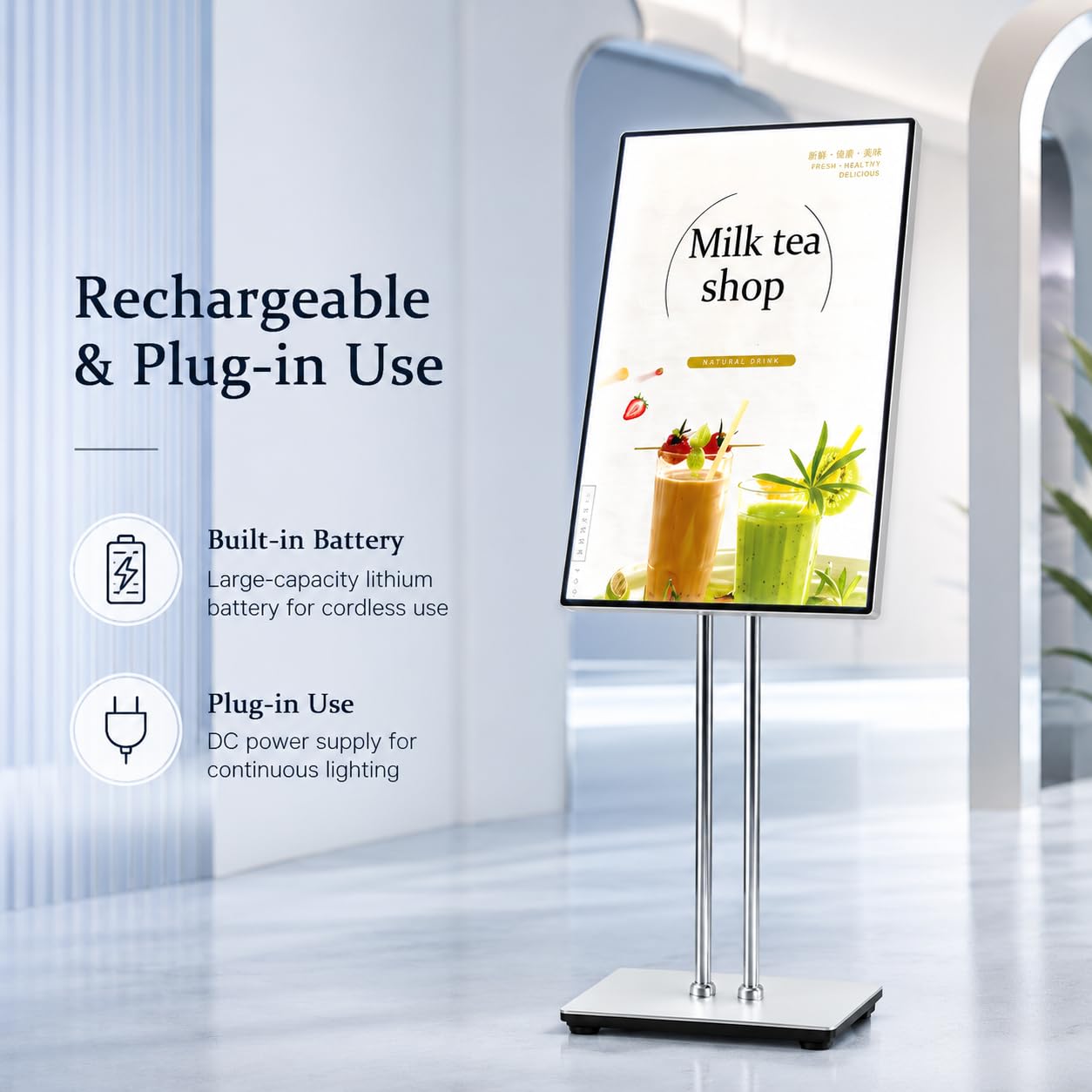 Podświetlany stojak na plakat LED, regulowany stojący znak podłogowy, ładowana tablica menu, srebrna ramka 50 x 70 cm