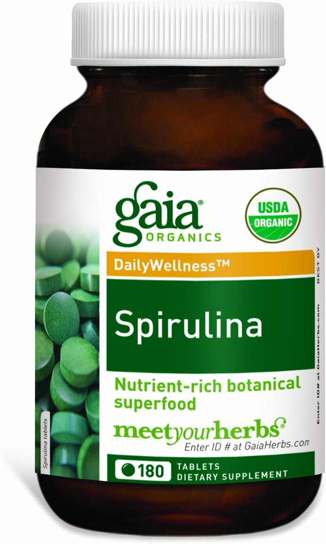 Gaia Herbs Spirulina Vegan Tablets, 180 Count - USDA Organic Superfood, Vitamin, Mineral & GLA Fatty Acid Source