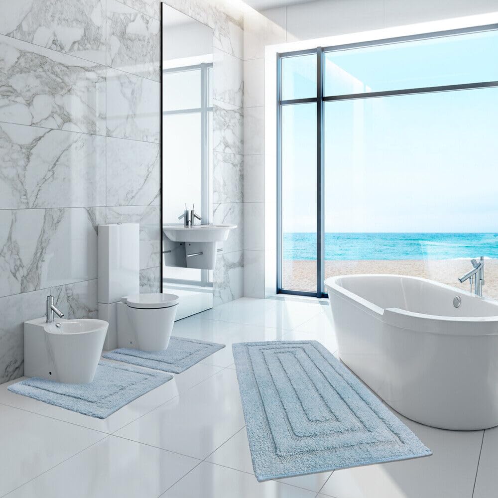 emmevi Tappeto Bagno Puro Cotone Elegante Morbido Scendiletto Antiscivolo Lavabile 60x175 Cm Azzurro