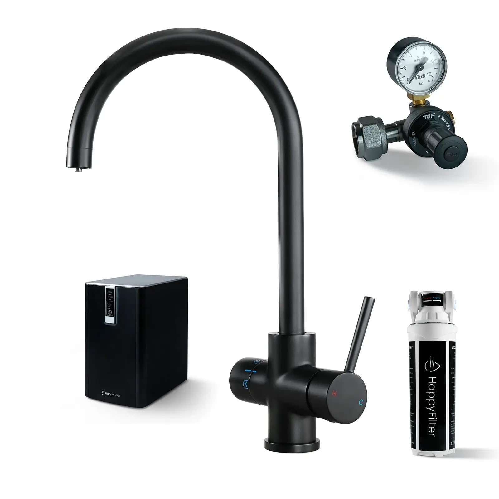 HappyFilter FizzRed Wassersprudler Wasserkocher | gekühlt | gesprudelt | kochend| 5in1 Black Wasserhahn | Kalkfilter | Wasserspender | Büro | Küche | Festwasseranschluss | 2kg CO2 Adapter