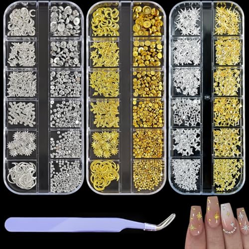 BAHME 3 Pcs bijoux ongles nail art, strass ongle nail art, bijoux ongles, deco ongle nail art, boîtes Strass Ongle Nail Art avec Bijoux Ongles, Or et Argent...