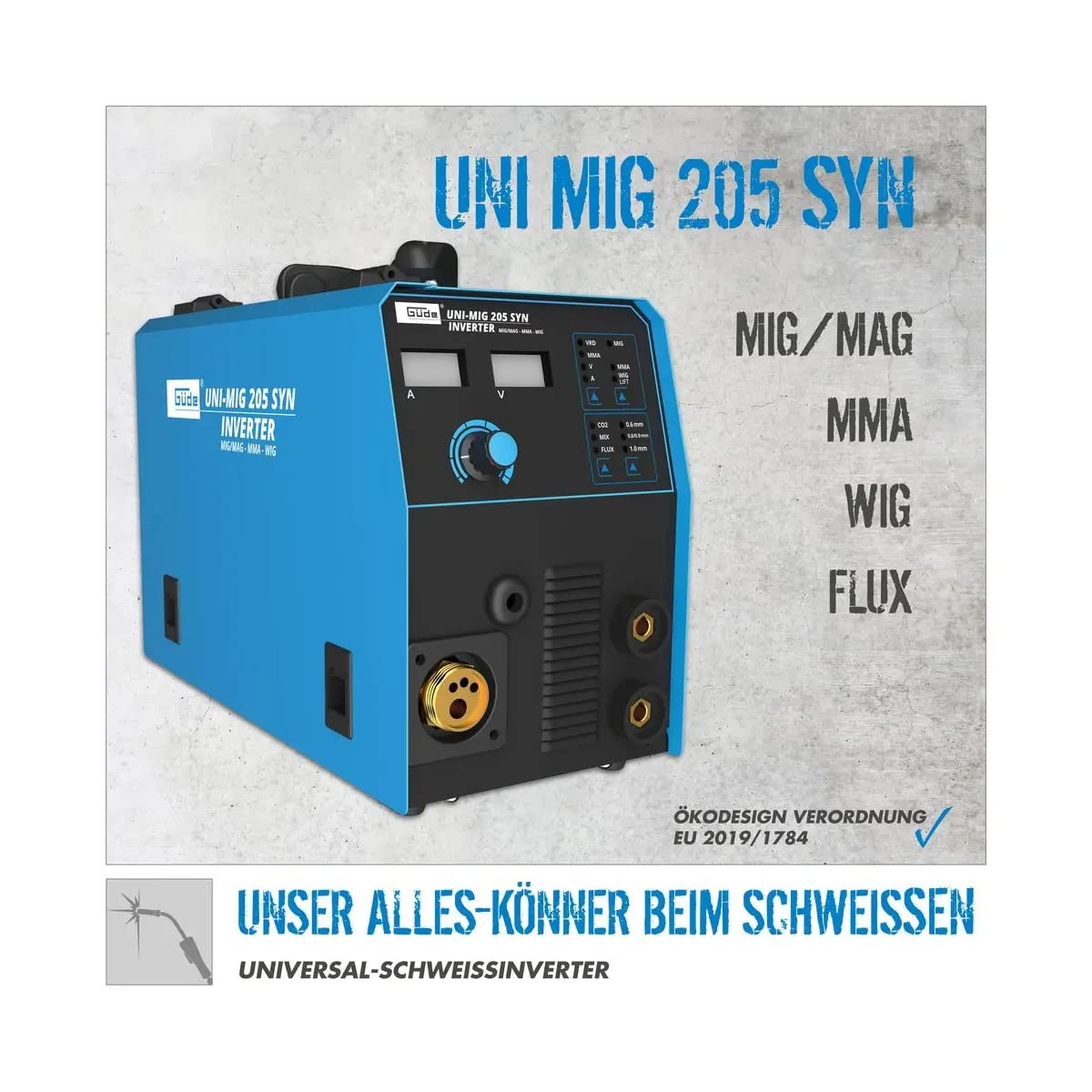 Güde Uniwersalna spawarka Uni-Mig 205 SYN (230 V, 4 w 1, maks. prąd spawania 200 A, zakres regulacji 20-200 A, w zestawie uchwyt elektrod, pakiet węży, zacisk masowy, reduktor ciśnienia, wózek