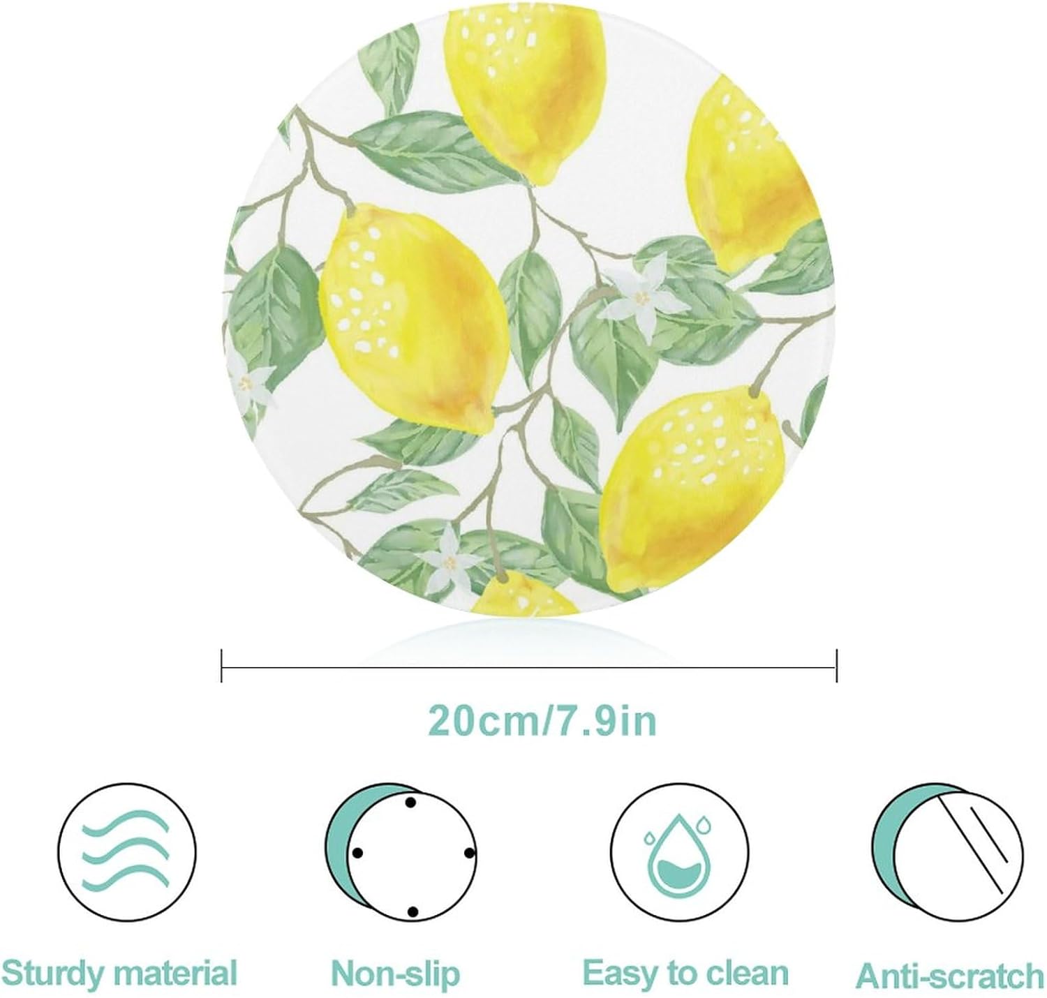 Summer Lemon Tempered Glass Cutting Board, DEVONWIDE 8" x 8" Round Cutting Boards for Kitchen Countertop, Decorative Chopping Board Non-Scratch Heat Resistant Dinning Chopping Block…