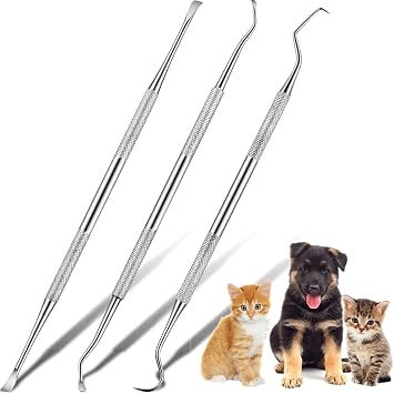 Hotop 3 Pieces Dog Dental Tooth Scaler and Scraper Stainless Double Headed Tarter Removing Tool Scraper Pet Teeth Cleaning Tools for Dog and Cat Silver