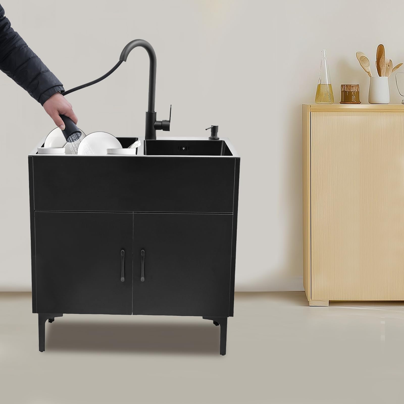 Lavello da cucina autoportante in acciaio inox con 2 vasche da 75 x 41 cm, lavello nero con rubinetto estraibile e mobiletto inferiore, per cucina domestica, giardino, esterni, lavanderia