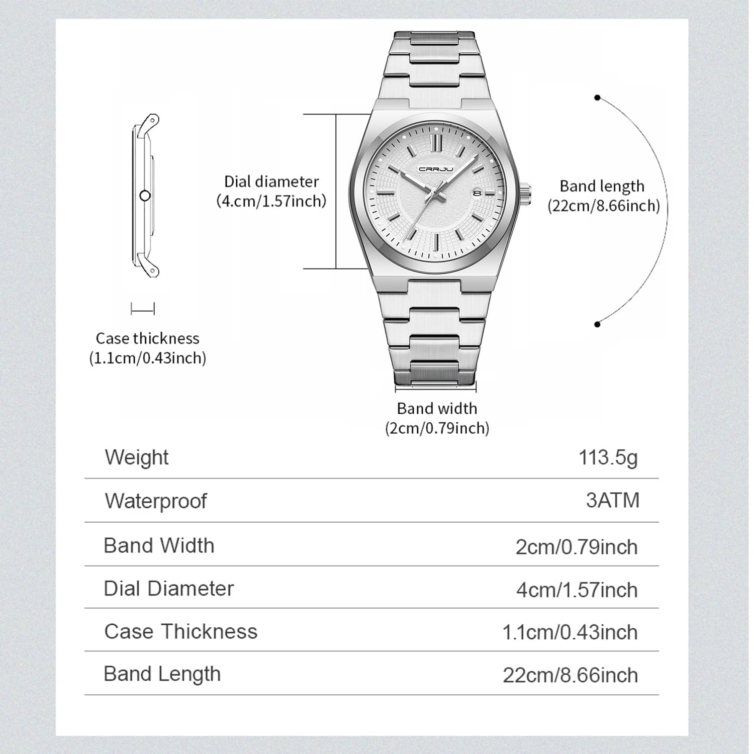 CRRJU Watches for Men,Fashion Luxury Luminous Analog Quartz Wristwatches,Business Man Calendar Watches Silver — view 4