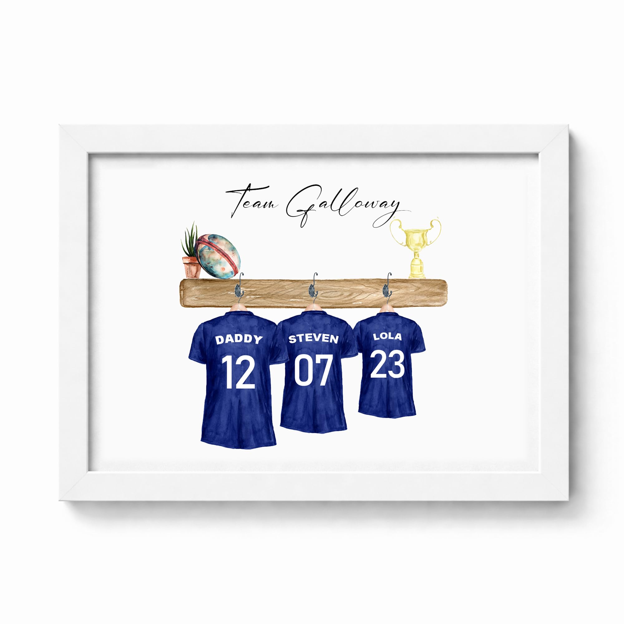 Violet Grace Personalised Family Rugby Shirt Print - Dad, Grandad Family Picture Wall Art Gift For Rugby Fans | A5, A4, A3 Printed & Framed