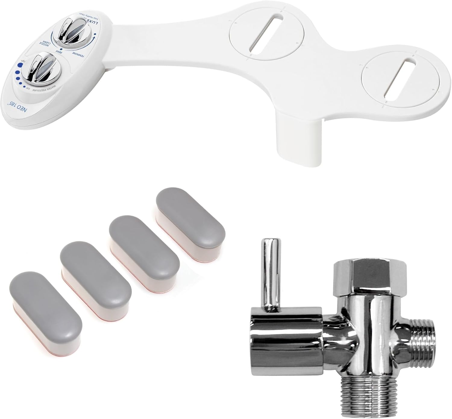 LUXE Bidet NEO 185 White, Toilet Seat Bumpers and Shut-Off Valve T-Adapter Bundle
