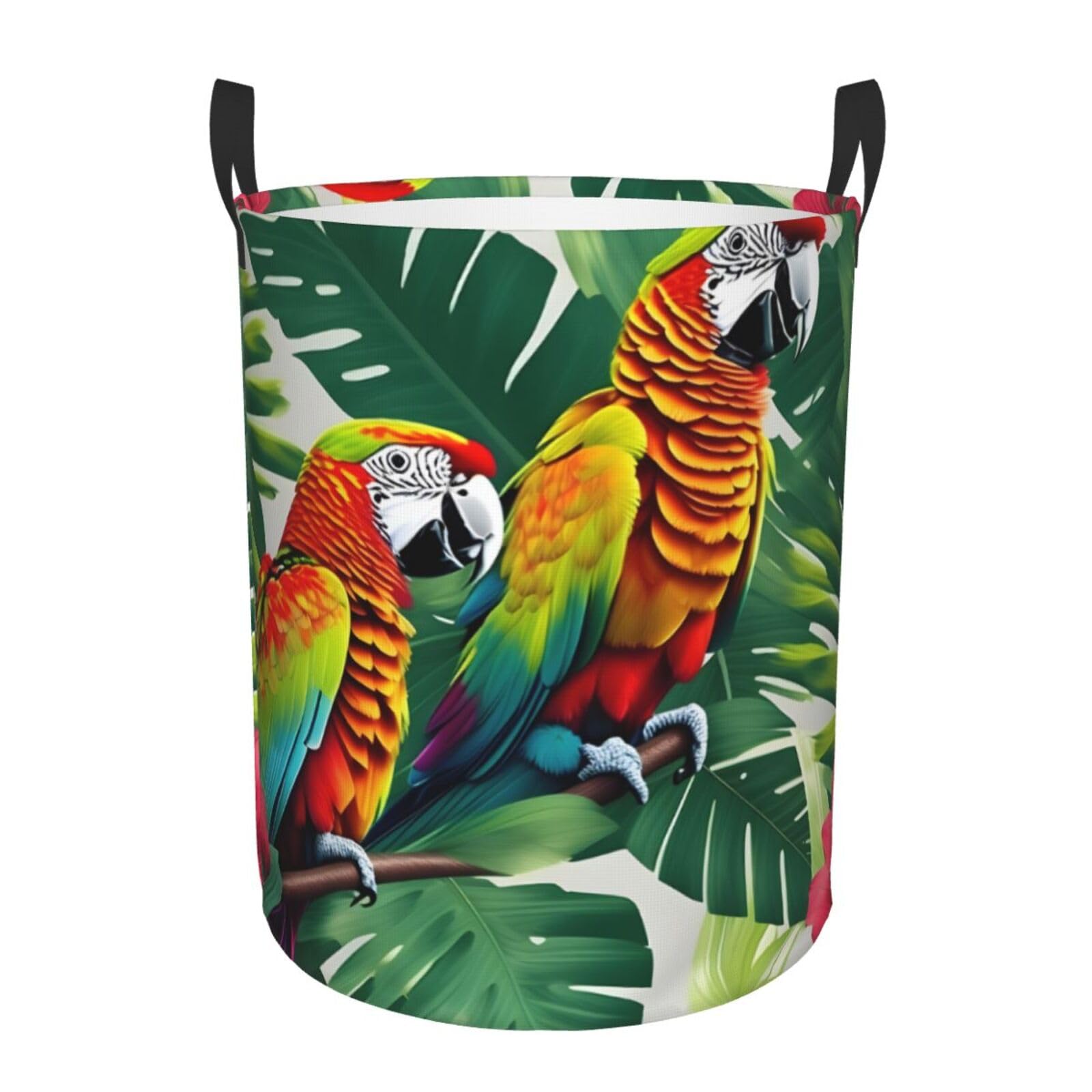 M Collapsible Laundry Hamper Round Tropical Flower Leaf Parrot Print Storage