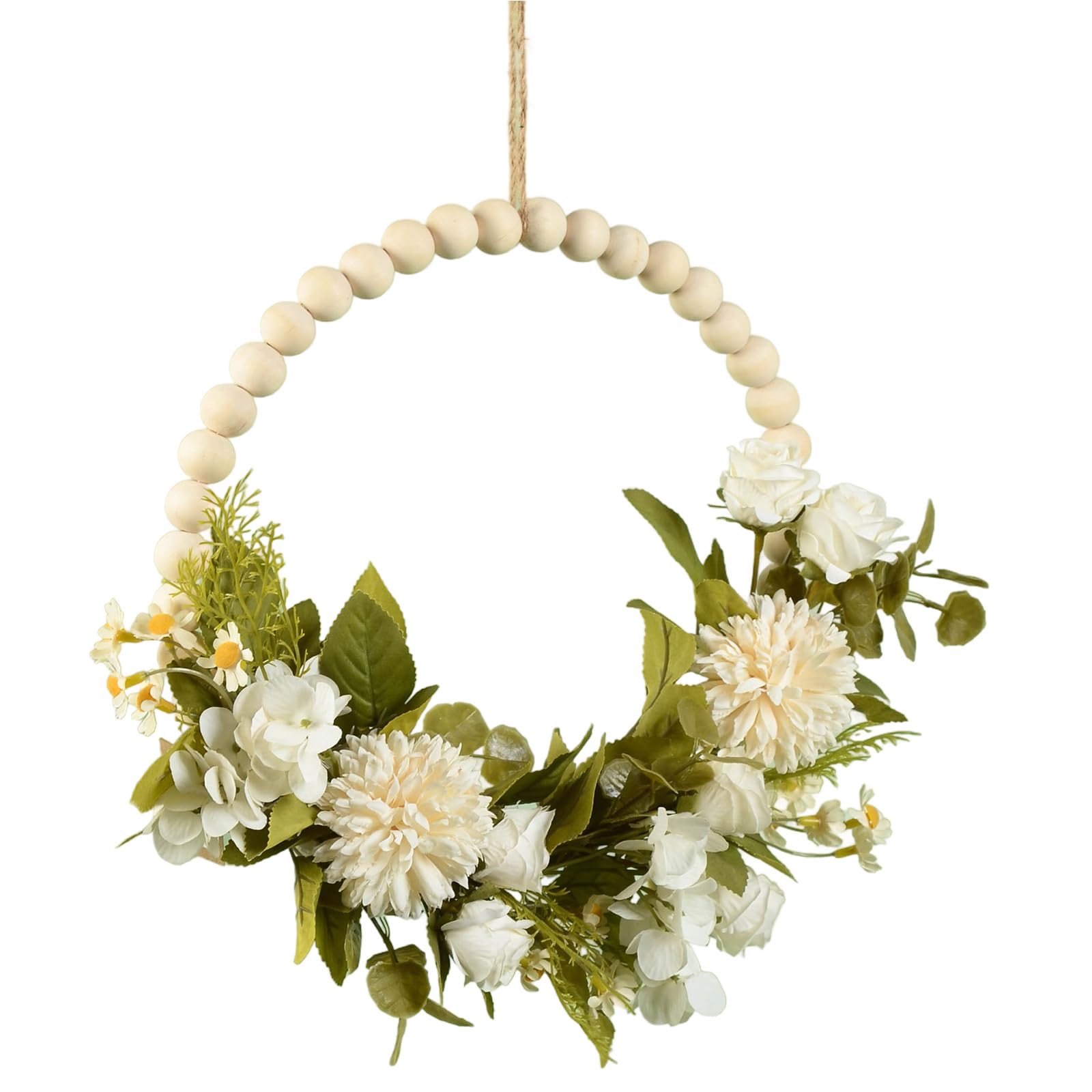 Artificial Flower Wreath Spring Wood Beads for Front Door Hallway Farmhouses Wedding Thanksgiving Festival Artificial Flower