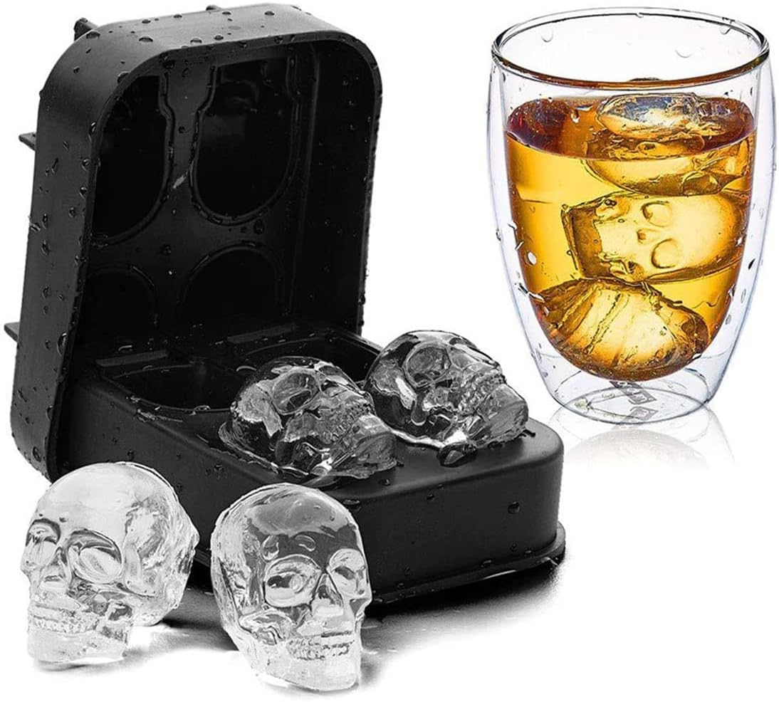 Whiskey Ice Ball Mold, Skull Halloween Ice Cube Molds, Novelty Cool Cute Fancy Chocolate Silicone Ghost Skeleton Skull Eyeball Cubes Trays for Cocktails Whiskey Fun Shapes. (Skull Ice Making Tray)