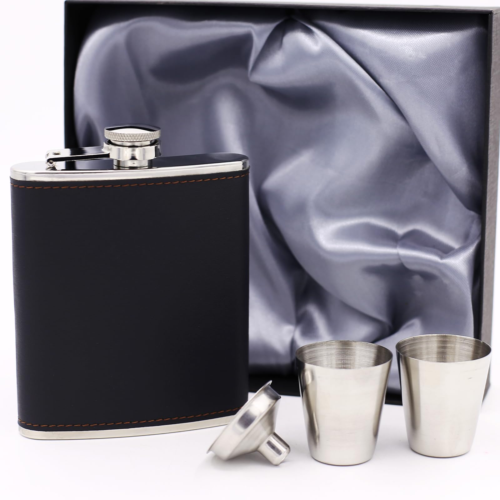 Set fiaschetta con imbuto e 2 bicchieri da vino, capacità 200 ml, per whisky, vino, liquori e liquori, fiaschetta per uomo, padre, nonno, fidanzato e testimone, confezione regalo nera